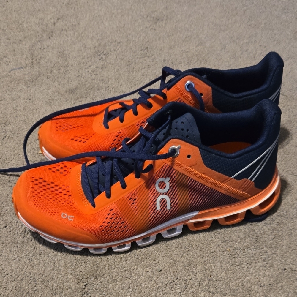 On Running Orange and Blue Athletic Shoes with Cushioned Midsole